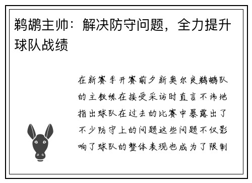 鹈鹕主帅：解决防守问题，全力提升球队战绩